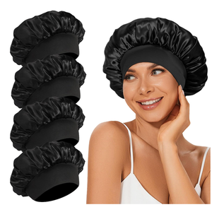4Pcs Satin Bonnet Silk Bonnet, Hair Bonnet for Sleeping, Elastic Wide Band Sleep Cap, Soft and Breathable Silk Hair Wrap for Sleeping (Black Purple Pink Blue)