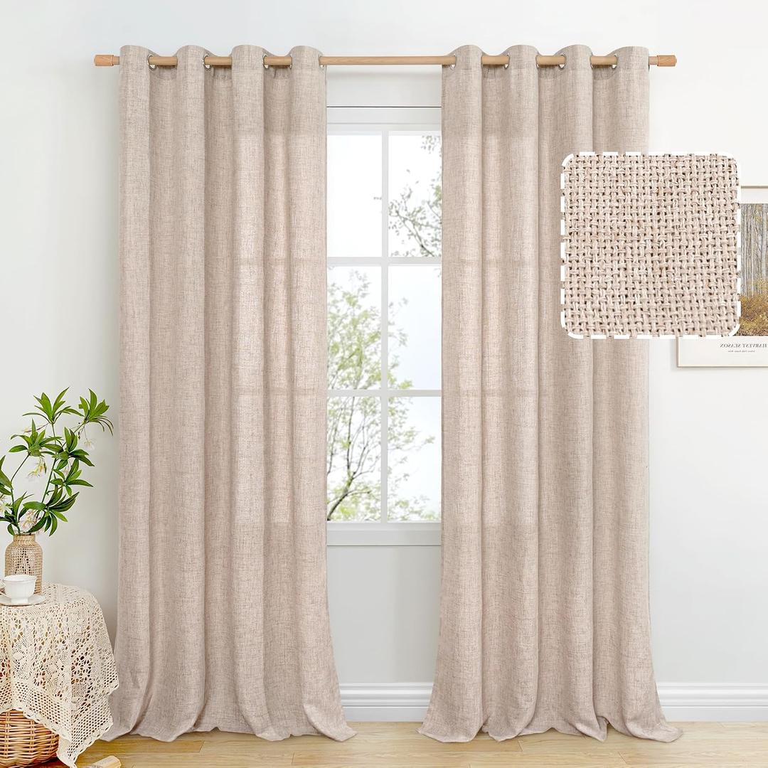 BGment Taupe Linen Curtains 95 Inch Long for Living Room - Burlap Textured Light Filtering Window Treatments Grommet Sheer Drapes for Farmhouse, 2 Panels, 52 X 95 Inch