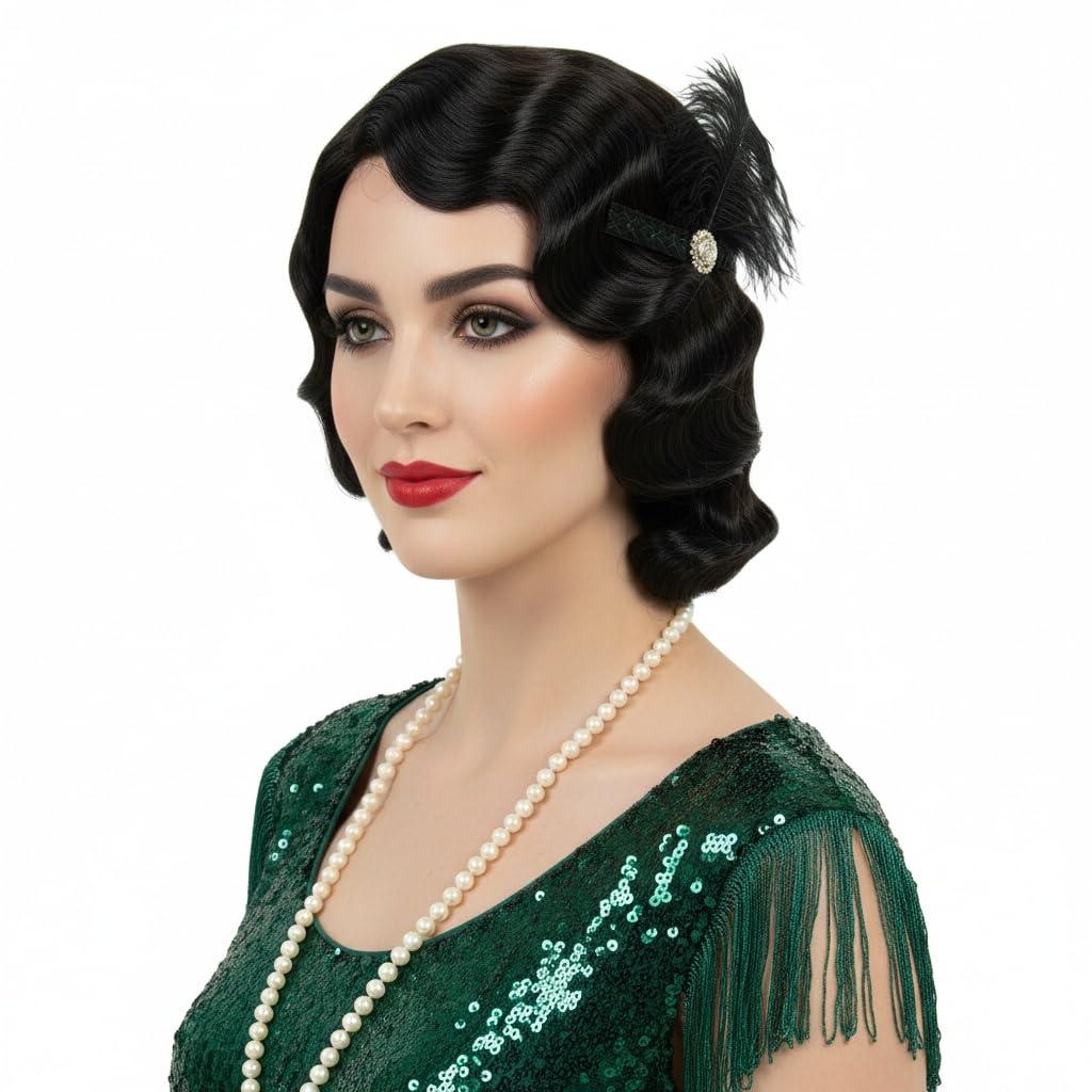 H&Bwig 1920s Flapper Wig Long Curly Bob Wigs For Women Lady 20's Party Cosplay Halloween Black Vintage Wigs