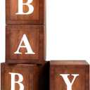 Wood Baby Shower Boxes Party Decorations - 4 Wood Grain Brown Blocks with Printed BABY Letters, Gender Reveal Backdrop,Teddy Bear Baby Shower Supplies, First Birthday Centerpiece Decor