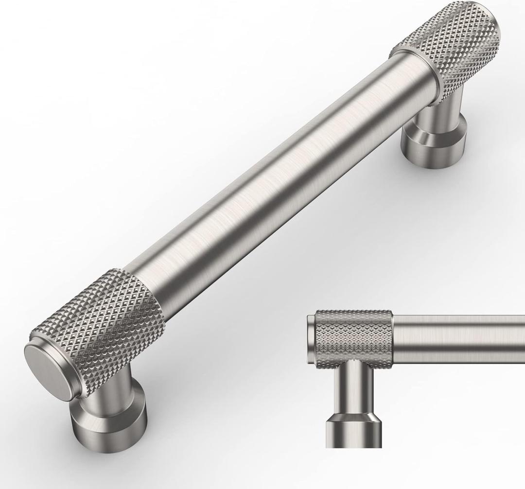 Amerdeco 10 Pack Brushed Satin Nickel Knurled Cabinet Pulls 3-3/4 Inch(96mm) Hole Center Kitchen Cabinet Handles Drawer Pulls Cabinet Hardware ZH0034 (3.75"/96MM Hole Center)