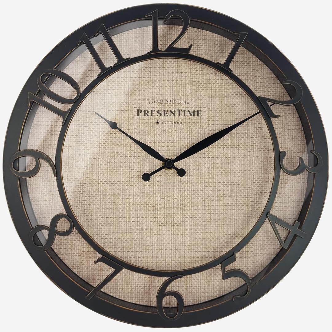 Presentime & Co 13" Farmhouse Series Wall Clock, Cottage Style, Faux Burlap Design, Silent No Ticking, Oil Rubbed Antique Bronze Finish