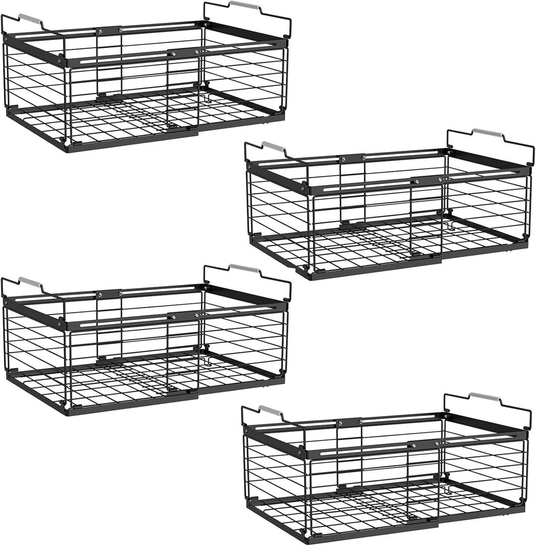 NADAMOO Freezer Organizer Bins, 4 Packs Large Expandable Stackable Chest Freezer Containers with Handle, Metal Adjustable Storage Baskets for Fridge, Deep Freezer, Cabinet, Kitchen, Pantry - Black