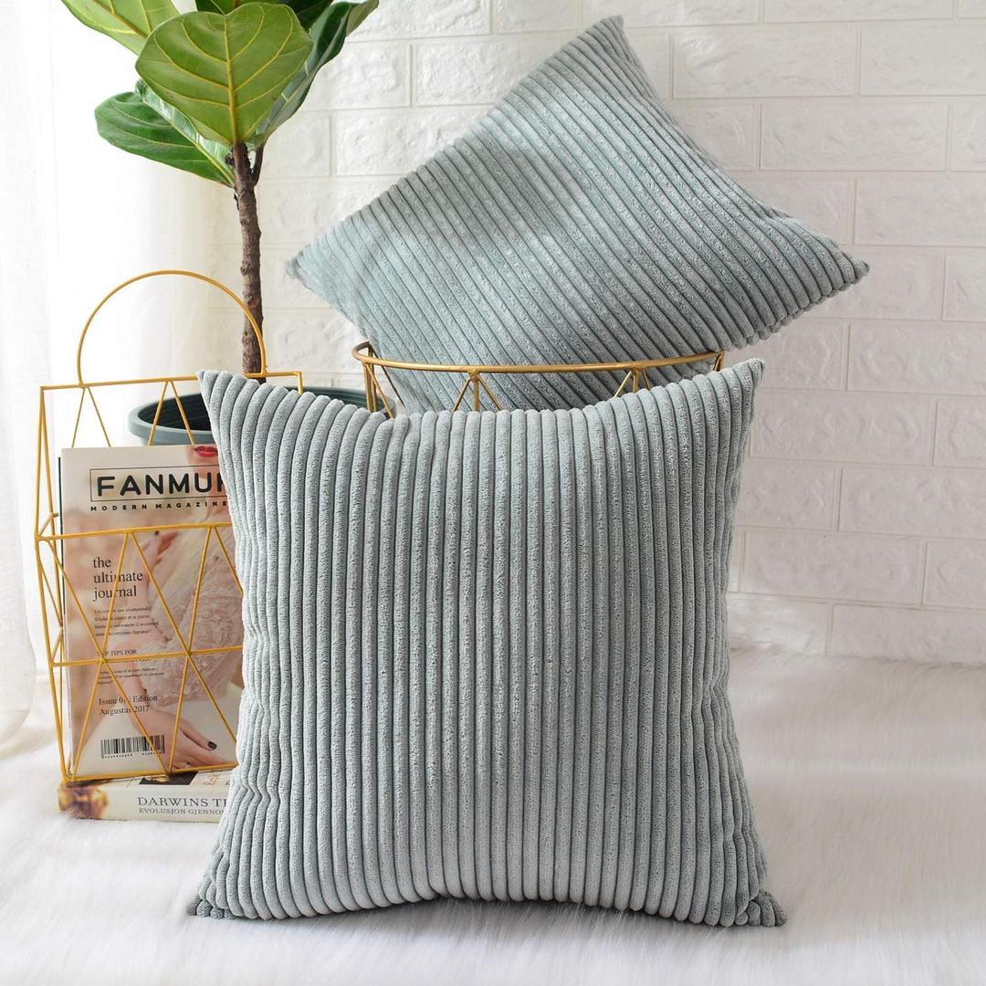 MERNETTE Pack of 2, Corduroy Soft Decorative Square Throw Pillow Cover Cushion Covers Pillowcase, Home Decor Decorations for Sofa Couch Bed Chair 22x22 Inch/55x55 cm (Striped Grey Blue)