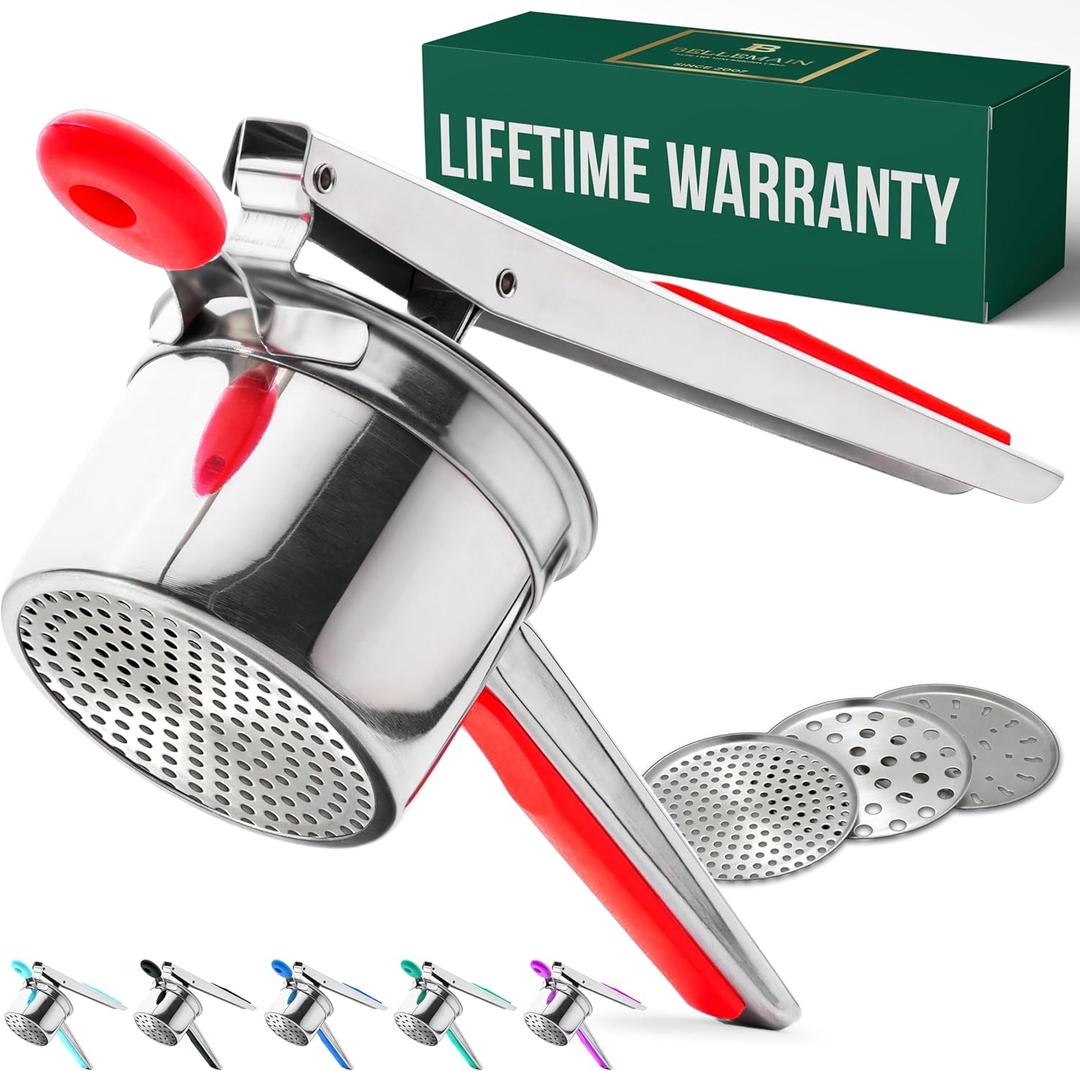 Bellemain 15 oz Large Potato Ricer | Heavy-Duty Stainless Steel Potato Ricer & Masher | Perfect for Mashed Potatoes | Kitchen Tool with 3 Interchangeable Discs (Red)