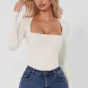 QINSEN Women's Sexy Square Neck Bodysuit Long Sleeve Double Lined Shirt Tops (White, S)