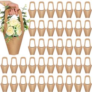 50 Packs Kraft Paper Flowers Gift Bags with Handle Flowers Bouquet Holder for Wedding, Valentines Day Decoration, Florist Shop (Small)