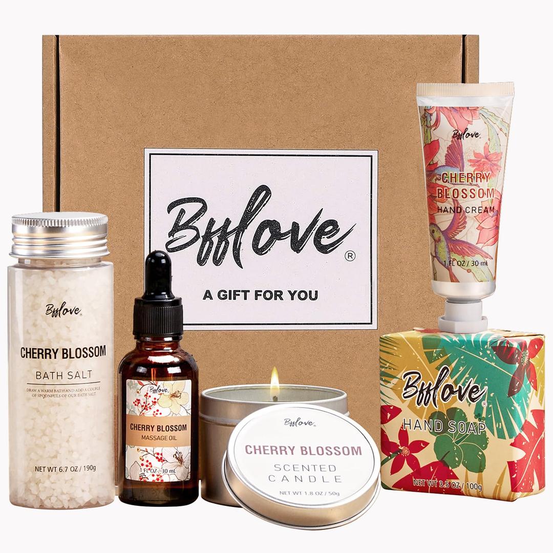 BFFLOVE Gift Set for Women - 5pcs Cherry Blossom Spa Gifts for Women, Birthday, Anniversary, Mother's Day Gifts for Her with Massage Oil, Scented Candle, Bath Salts, Hand Cream