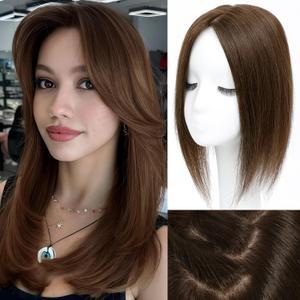 OOPPOO Hair Toppers for Women Real Human Hair, Realistic Biological Scalp Toppers HairPieces for Women with Thinning Hair Middle Part Clip in Bangs Big Base 360° 3D Cover (Mocha Brown, 14 Inch)