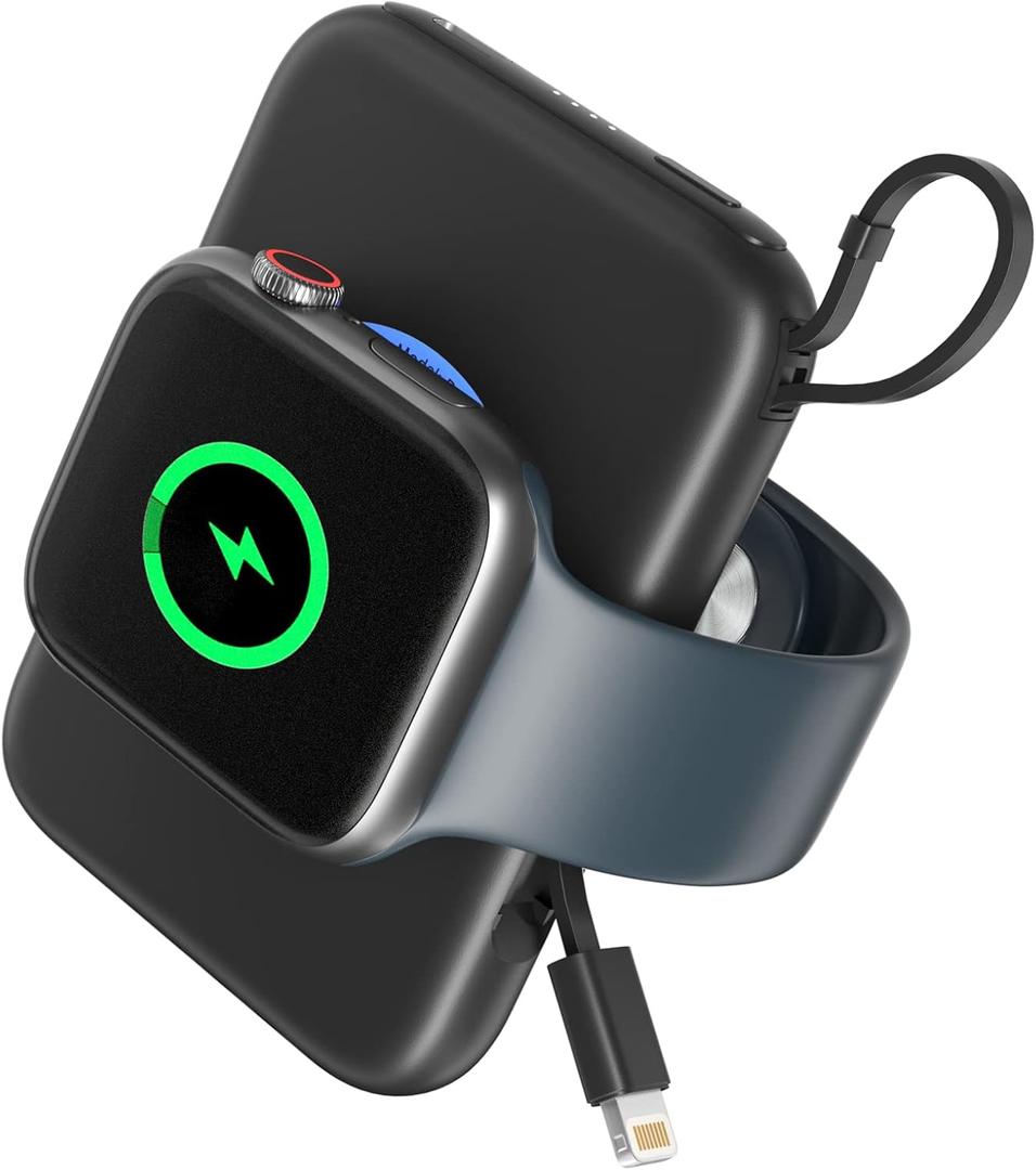 Portable Wireless Charger for Apple Watch 9/8/Ultra//4/37/6/5/2/SE, 5000mAh Magnetic iWatch Charger Power Bank with Built in Cable - Travel for All Apple iWatch & iPhone, Black