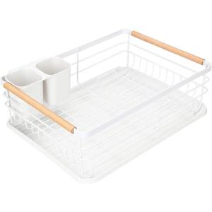 Modern Wood Handle Dish Rack and Drain Board, 16.5" x 12" x 5.5" Kitchen Plate Cup Dish Drying Rack Tray Cutlery Dish Drainer