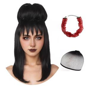 5 x Women Short Long Wig and Styled Bun with Red Lace Necklace for Beetle Lydia Deeta Cosplay Halloween Party Wear (Long)