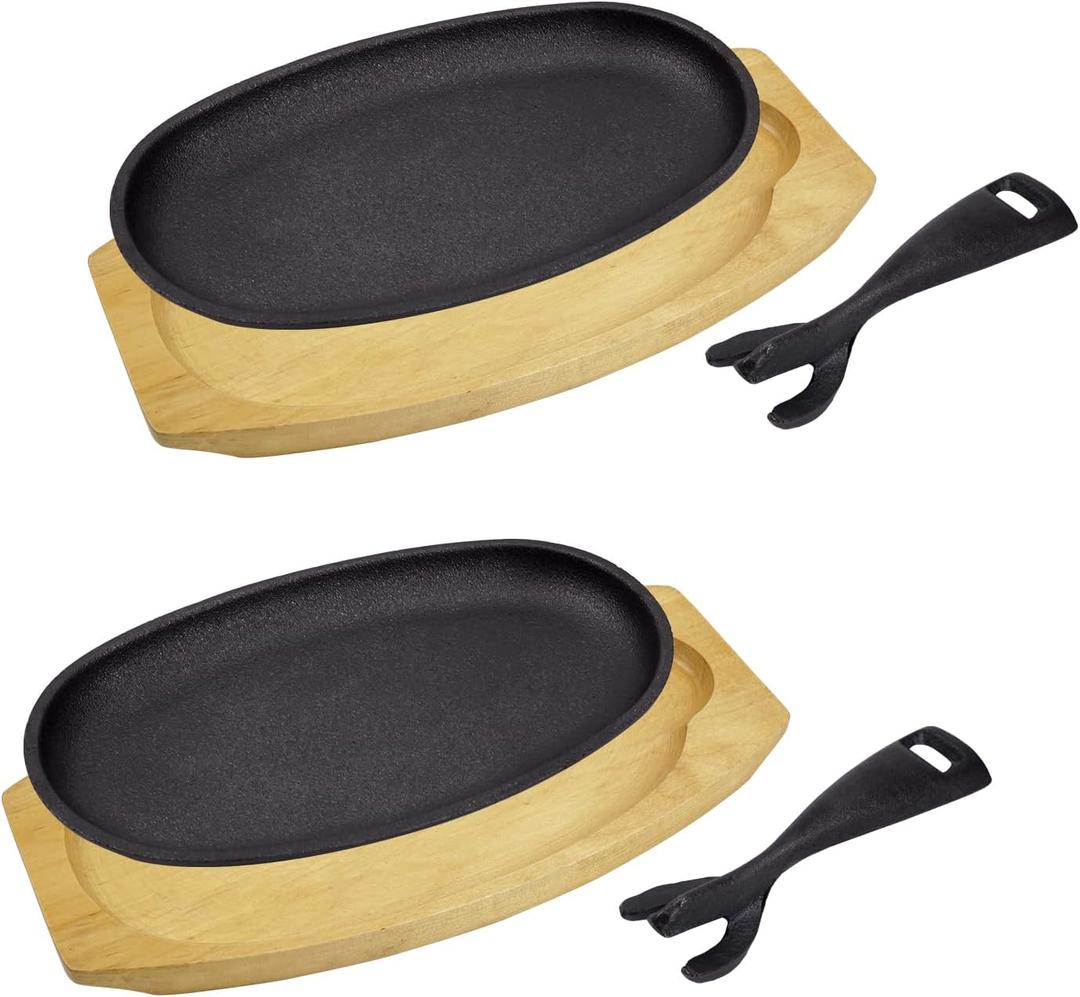 DVK 2 Set Cast Iron Skillet Sizzling Plate With Wooden Base Fajita Skillet With Removable Handle For Home Barbeque Kitchen Service (XL)