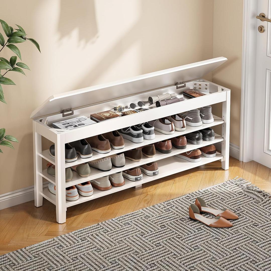 Shoe Rack Bench Seat Rubberwood 3-Tier Wooden Storage Bench 550lbs Compact Mid-Century Modern Design for Entryway, Hallway, Closet, Front Door Entrance, Foyer (47.2"W x 11.8"D x 20.5"H)