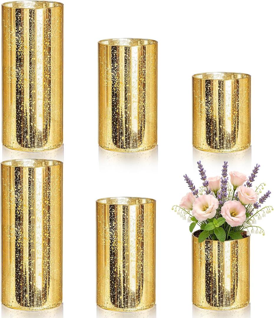6 Pcs Gold Cylinder Vases for Centerpieces Mercury Vase Hurricane Vase Bulk Acrylic Round Wide Container for Flowers Home Office Wedding Table Decorations (4''/6''/8'')