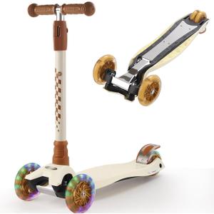 3 Wheel Scooter for Kids Ages 6-12,Kids Scooter with Light Up Wheels, Sturdy Deck Design, and 4 Height Adjustable Suitable for Kid Ages 3-12 (Beige)