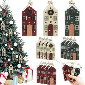 Thyle 24 Pcs Wooden Christmas Village Door Hanging Ornament Farmhouse Xmas Tree Tag Decoration Rustic Wooden House for Craft Small Hanging Ornament for Winter Gift Decor (Colorful)