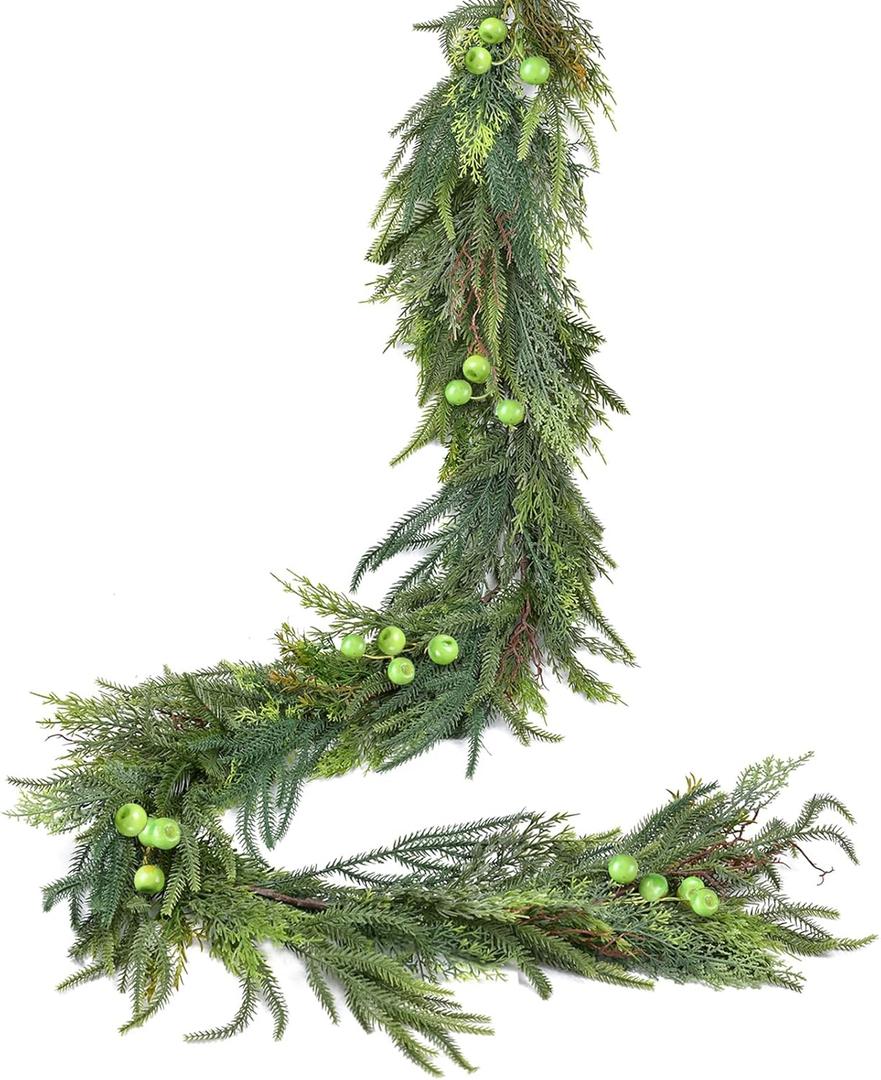 Lvydec Christmas Norfolk Pine Garlands, 6Ft Realistic Artificial Faux Greenery Cedar Garland for Mantle Holiday Indoor Outdoor Fireplace Winter Christmas Home Decor