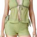 Summer Two Piece Crochet Set for Women Tie Up Halter Open Back Split Cami Tank Top Hollow Out Shorts Beachwear (Medium, Green)