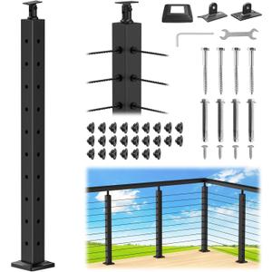 CKE L-Drilled Corner Post 36" (Post 35"x2"x2"), Adjustable Top Cable Railing Corner Post, 90 Degree Drilled Corner Post with Cable Grommets,Stainless Steel Black Finish Corner Deck Post, CP01