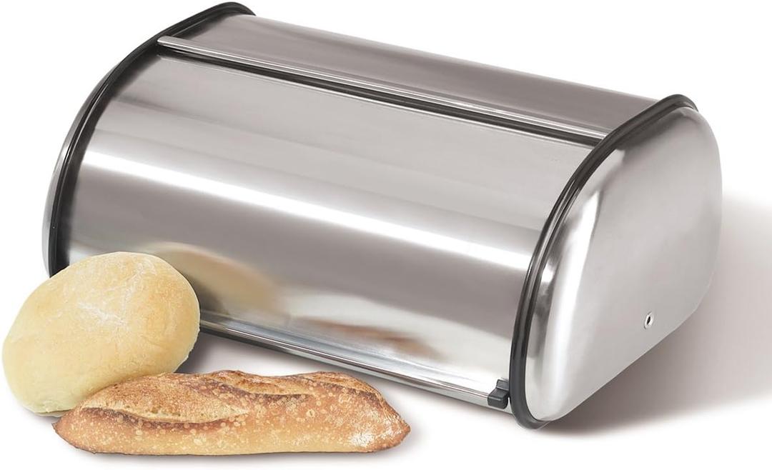Oggi Stainless Steel Roll Top Bread Box for Kitchen Countertop with Stainless Steel Lid - Fits Multiple Large Loaves of Bread and Other Freshly Baked Goods Including Cookies, Bagels, Muffins, Size 17.5 Inch by 7.5 Inch by 11.5 Inch)