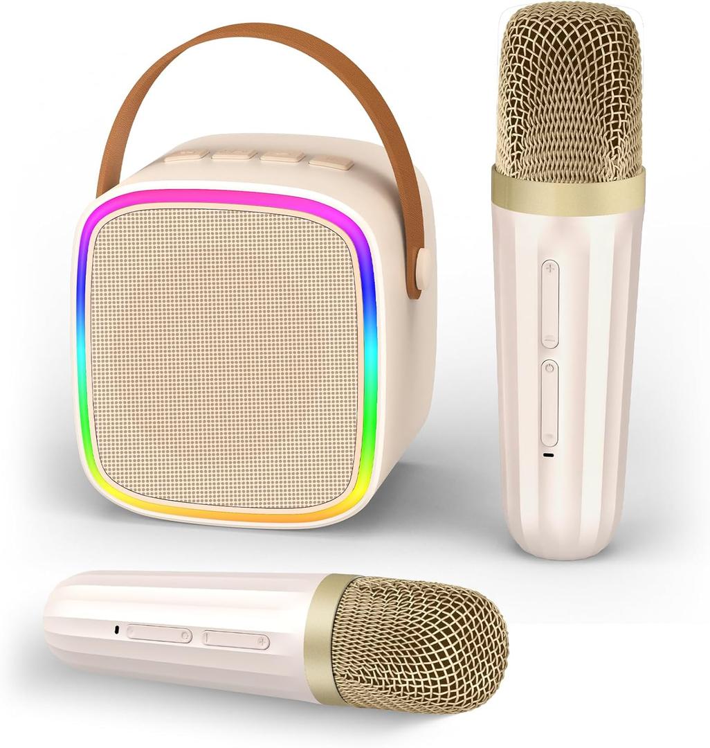 Texpot Mini Karaoke Machine with 2 Wireless Microphones, Kids Toys Portable Bluetooth Speaker for Kids Adults Toddler, Christmas Girls Toys for 4 5 6 7 8 9 10 12 Year Old Birthday Gift Ideas(Beige)