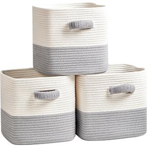 R RUNKA Storage Cube Baskets for Organizing- 3 Pack- 11 inch Square Baskets for Cube Storage, Closet Storage Bins- Woven Cube Storage Bins for Shelves- Ideal for Toy Storage |White & Grey
