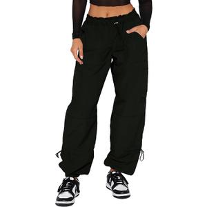 Waitfairy Cargo Pants Women Drawstring Elastic Waist Baggy Parachute Pants Woman Y2K Bottoms with Multiple Pockets (Medium, 01 Black)