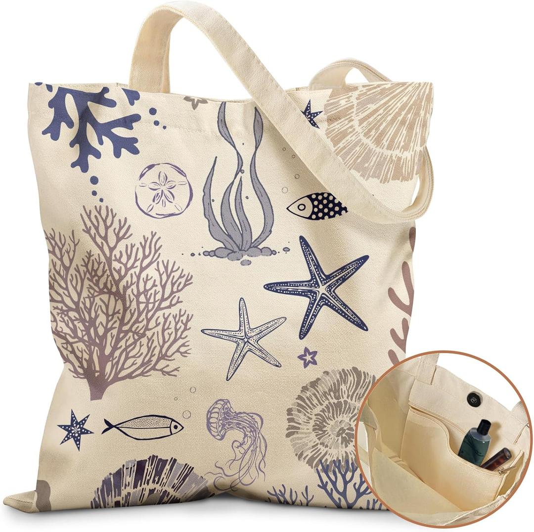 Cute Canvas Tote Bag for Women - with Magnetic Buckle and Zipper Inner Pocket for Girls Aesthetic Cotton Tote Bags