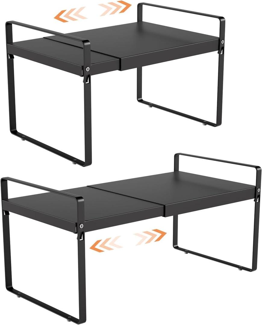 Expandable Cabinet Shelf Organizer 14-25 Inch Adjustable Length, 11" Wide 2-Tier (8" Bottom Layer) Metal Storage Rack for Kitchen Pantry, Under Sink Countertop - Heavy Duty Black(2 Pack)