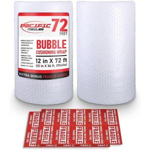Bubble Cushioning Wrap Pacific Mailer 5/16 Inch x 12 Inch x 72Feet Total [2 Rolls of 36 Feet] Bubble Cushioning Wrap for Packing Moving Supplies Perforated Every 12"