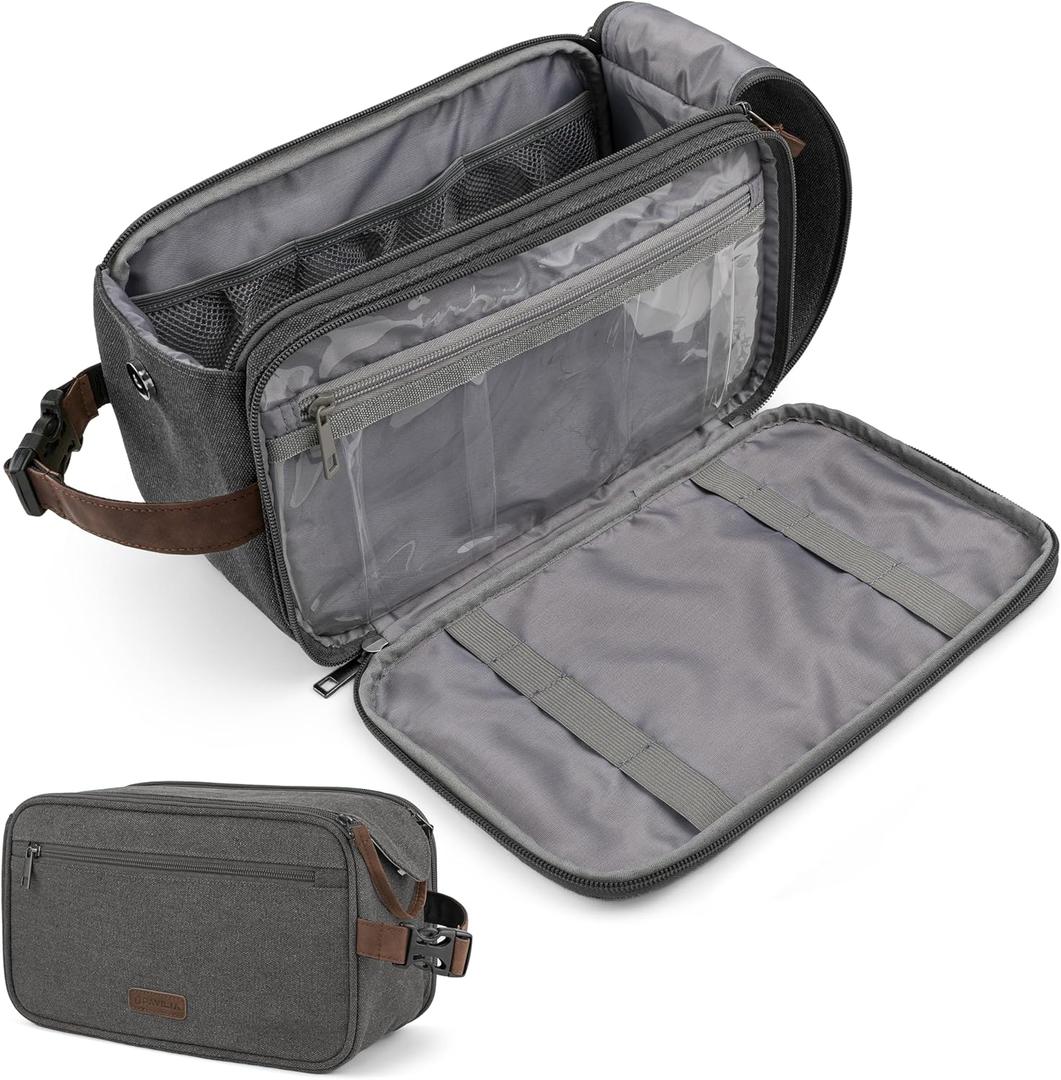 PAVILIA Toiletry Bag for Men Women, Canvas Travel Dopp Kit, Water Resistant Hygiene Bag Toiletries Organizer, Shaving Kit Travel Accessories Bag, Grey, Extra Large