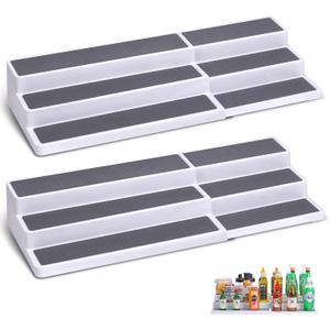 3 Tier Expandable Spice Rack Organizer, White/Grey Plastic Spice Rack, Adjustable Length 14.6In-25.8In, 2 Pack Non-Skid Tiered Spice Shelf Organizer for Kitchen Cabinet, Cupboard, Pantry