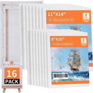 Stretched Canvas for Painting, 16 Pack Painting Canvas for Adults & Kids (8 of 8"x10" and 8 of 11"x14"), 4-Layer 8oz Primed 100% Cotton Canvas, Acid-Free, Warp-Free, for Acrylic and Oil Painting