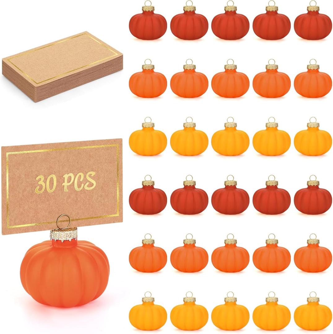 30 Set Thanksgiving Table Decor Pumpkin Place Holders with Gold Foil Greeting Cards Pumpkin Place Name Card Holder Table Setting Decor for Thanksgiving Fall Wedding Party (Orange)