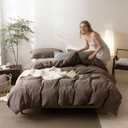 Linen Feel Light Chocolate Brown Duvet Cover Oversized King Size 120'' W x 98'' L, Percale 100% Washed Cotton Duvet Cover with Zipper Closure Plus 2 Pillowcases, Oeko TEX Standard Certificated