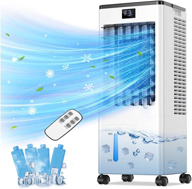 Portable Air Conditioners, Evaporative Air Cooler with Remote & LED Display, 120 Oscillation, 12H Timer, 3 Speeds & 4 Modes, 60W Energy-Efficient, Windowless Swamp Cooler for Bedroom Office Garage