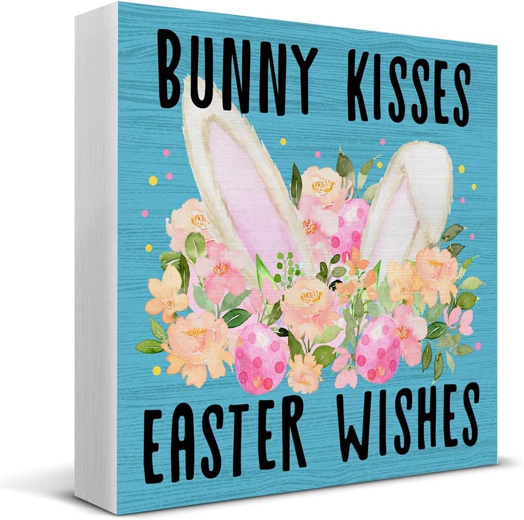 Easter Decor, Easter Decorations for Home, Farmhouse Bunny Kisses Wood Sign Decoration for Home Kitchen Living Room Bedroom Desk Shelf Table 5 X 5 Inch
