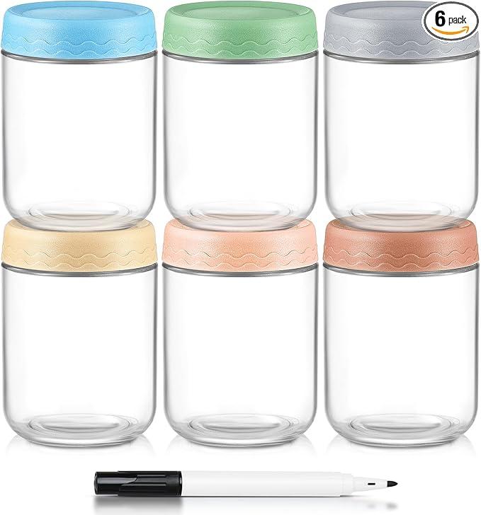 DRKIO 16 Oz Overnight Oats Containers with Lids - 6 Pack Glass Storage Jars with Airtight Lids Wide Mouth Mason Food Jars Great for Meal Prep Salad Chia Pudding Snacks Yogurt Sugar Spice Cereal