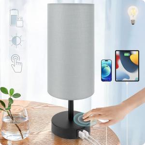 Yarra-Decor Bedside Lamp with USB Port - Touch Control Table Lamp for Bedroom 3 Way Dimmable Nightstand Lamp with Round Grey Fabric Shade for Living Room, Dorm, Home Office (LED Bulb Included) (Gray)