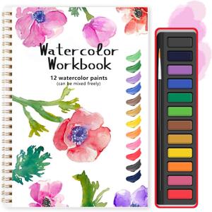 Watercolor Workbook, Water Coloring Book, 12 Different Patterns of Original DIY Designs, 12 Colors Watercolor Paint Set with Brush, Beginner-Friendly Watercolor Workbooks
