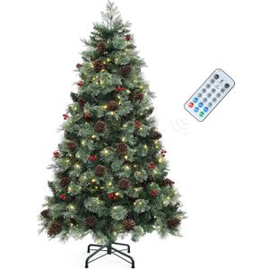 YITAHOME 7.5ft Prelit Carolina Pine Christmas Tree with Remote, Artificial Green Hinged Christmas Tree w/ 1200 Mixed Tips, Pine Needles, 45 Pinecones, 48 Red Berries, 400 Lights & 11 Modes