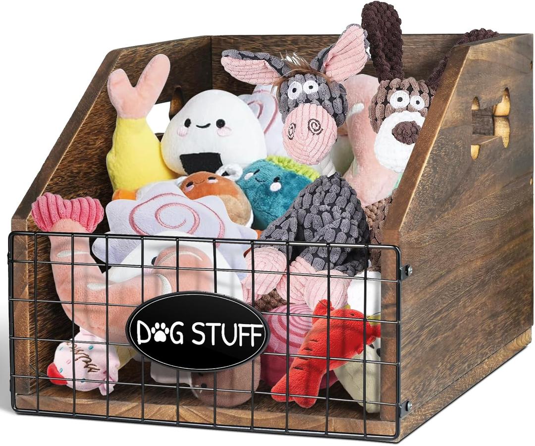 Dog Toy Bin - Large Wooden Toy Chest with Handle - Organizer for Puppy Leash, Blanket, Food, Accessories, Gift (Brown)