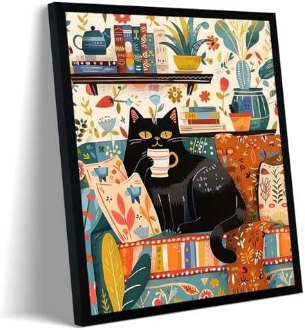 Framed Vintage Cat Canvas Wall Art, Funny Pink Animal Reading Books Painting Picture Print, Cute Kitten Lovers Aesthetic Wall Decor for Nursery Girls Room Bedroom Kids Room 10''L x 8''W