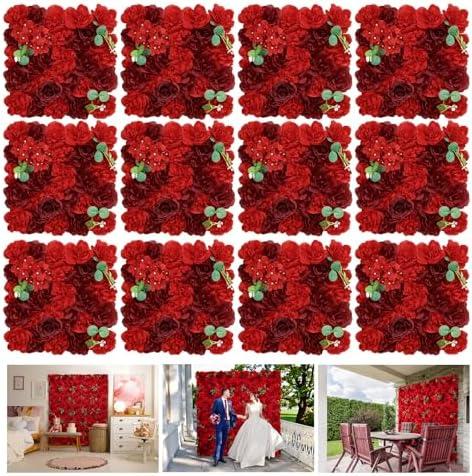 RIDDSEE Flower Wall Backdrop 12 Piece of 16.5x16.5 Inch Artificial Floral Wall Panel Silk Rose Wall Decor Ideal for Wedding Celebrations, Festive Party Backdrops, and Home Decor-Red
