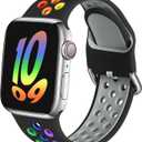 Sport Band Compatible with Apple Watch Women Men, Breathable Soft Silicone Replacement Strap For iWatch Black/Rainbow, 49/46/45/44/(42mm-Series 3) M/L