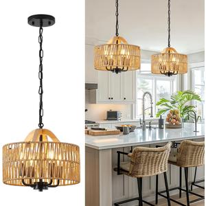 12.5 Rattan Pendant Light Fixtures, 4-Light Boho Chandelier with Woven Drum Shade, Farmhouse Dining Room Ceiling Hanging Lamp, Small Wicker Coastal Pendant Lighting for Kitchen Island Hallway