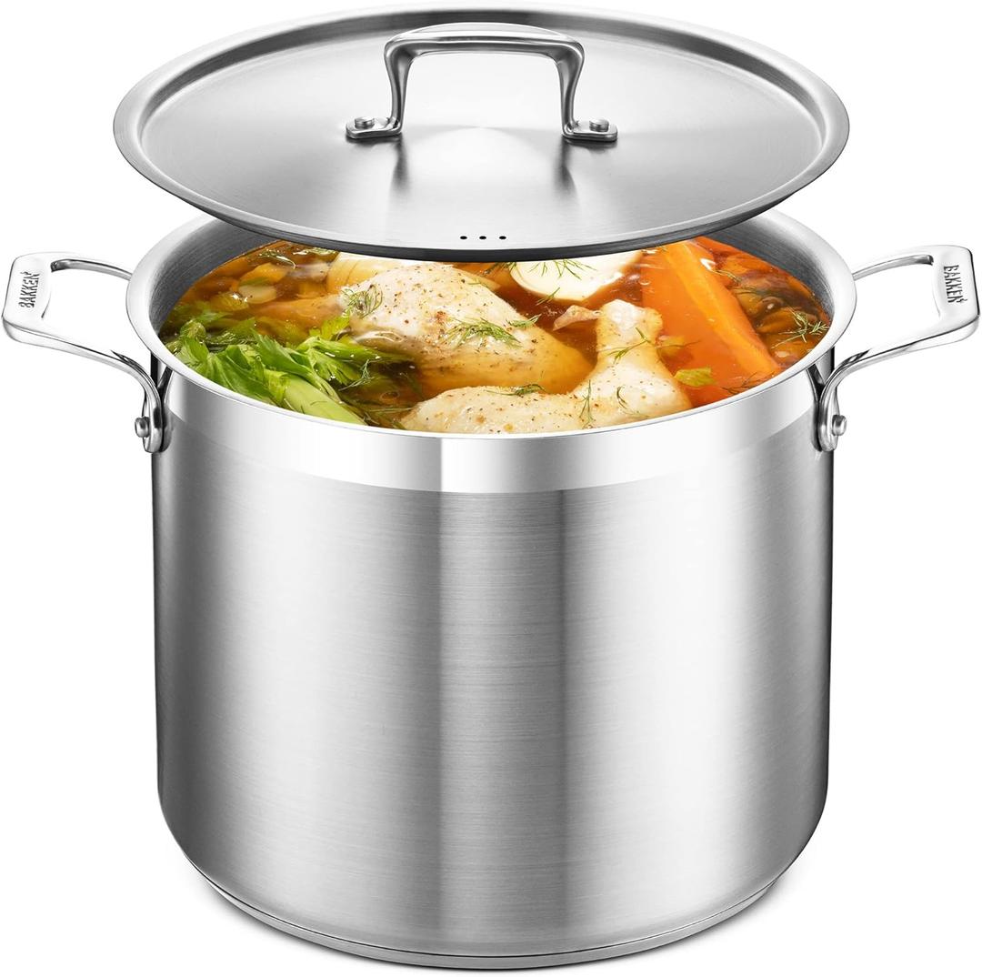 Stockpot  12 Quart  Brushed Stainless Steel  Heavy Duty Induction Pot with Lid and Riveted Handles  For Soup, Seafood, Stock, Canning and for Catering for Large Groups and Events by BAKKEN