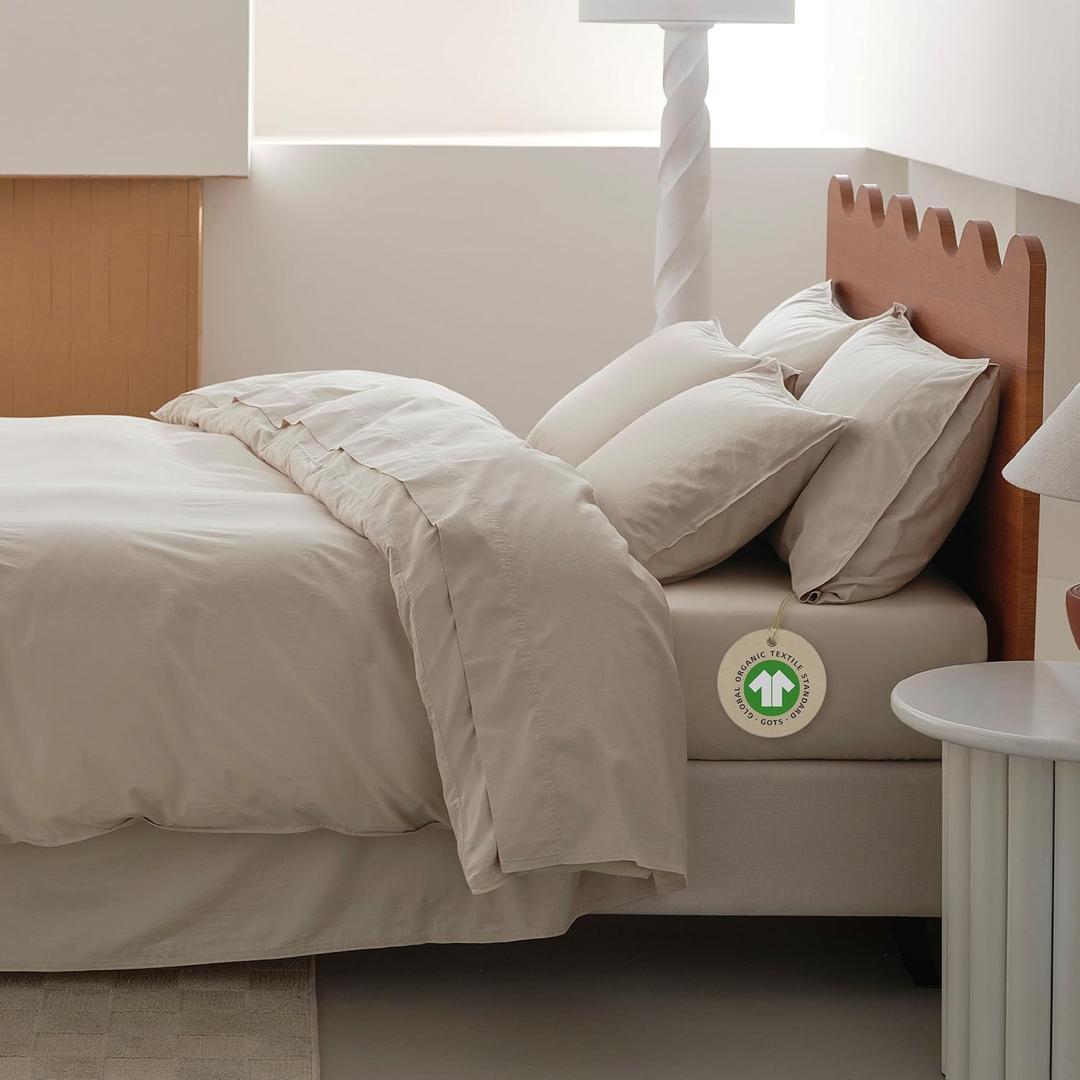 Double Stitch Organic Cotton Sheets King Size - Soft & Breathable Sheet Set 4 Piece, Luxury 300 TC Sateen Weave Bedding, 100% GOTS Certified Long Staple Cotton, Made in India, Linen (King (78" x 80" x 16"))