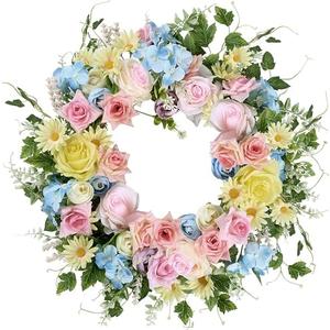 Sggvecsy 20 Inch Spring Wreath with Artificial Flower Colorful Roses Daisies Hydrangea Eucalyptus Floral Wreath for Easter Front Door Easter Summer Farmhouse Wall Home Window Decor